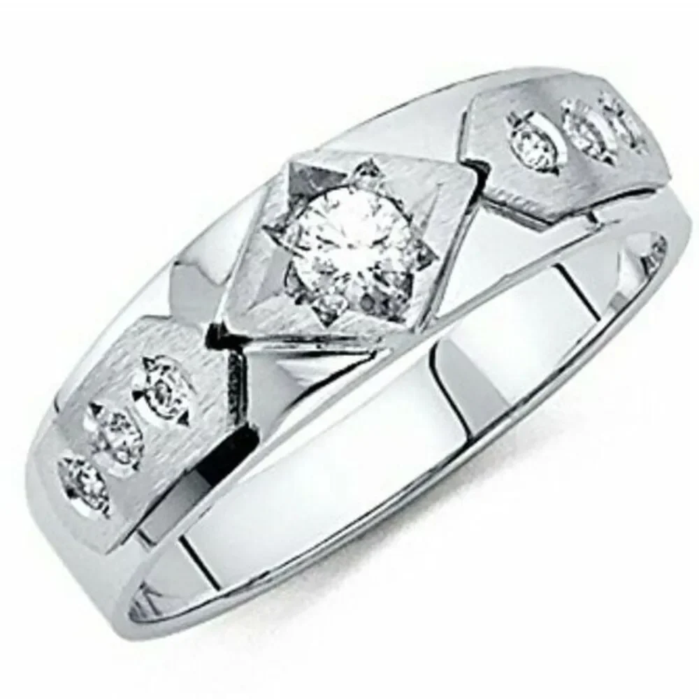 14k Solid White Gold Men's CZ Wedding Band